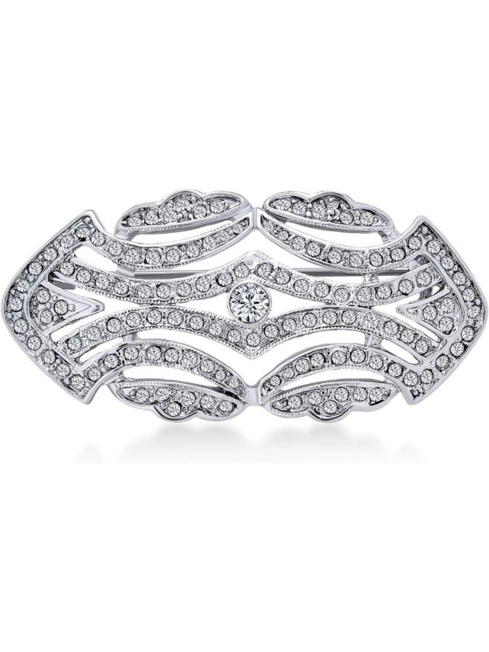 Elegant Vintage Art Deco Large Crystal Scarf Brooch Pin - Silver Plated